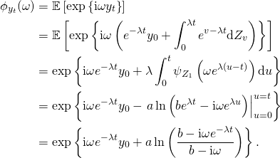 \begin{align*} \phi_{y_t}(\omega) & = \mathbb{E} \left[ \exp \left\{ \mathrm{i} \omega y_t \right\} \right]\\ & = \mathbb{E} \left[ \exp \left\{ \mathrm{i} \omega \left( e^{-\lambda t} y_0 + \int_0^{\lambda t} e^{v - \lambda t} \mathrm{d}Z_v \right) \right\} \right]\\ & = \exp \left\{ \mathrm{i} \omega e^{-\lambda t} y_0 + \lambda \int_0^t \psi_{Z_1} \left( \omega e^{\lambda (u - t)} \right) \mathrm{d}u \right\}\\ & = \exp \left\{ \mathrm{i} \omega e^{-\lambda t} y_0 - \left. a \ln \left( b e^{\lambda t} - \mathrm{i} \omega e^{\lambda u} \right) \right|_{u = 0}^{u = t} \right\}\\ & = \exp \left\{ \mathrm{i} \omega e^{-\lambda t} y_0 + a \ln \left( \frac{b - \mathrm{i} \omega e^{-\lambda t}}{b - \mathrm{i} \omega} \right) \right\}. \end{align*}