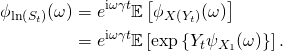 \begin{align*} \phi_{\ln \left( S_t \right)}(\omega) & = e^{\mathrm{i} \omega \gamma t} \mathbb{E} \left[ \phi_{X \left( Y_t \right)}(\omega) \right]\\ & = e^{\mathrm{i} \omega \gamma t} \mathbb{E} \left[ \exp \left\{ Y_t \psi_{X_1}(\omega) \right\} \right]. \end{align*}