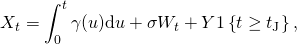 \begin{equation*} X_t = \int_0^t \gamma(u) \mathrm{d}u + \sigma W_t + Y \mathrm{1} \left\{ t \geq t_{\text{J}} \right\}, \end{equation*}