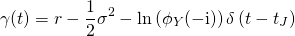 \begin{equation*} \gamma(t) = r - \frac{1}{2} \sigma^2 - \ln \left( \phi_Y(-\mathrm{i}) \right) \delta \left( t - t_J \right) \end{equation*}